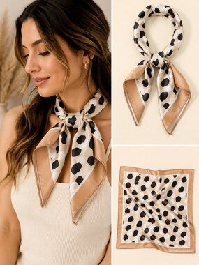 Polka Dot Satin Bandana Scarf Beige Black Silk Feel Neck Hair Scarf Square Wrap